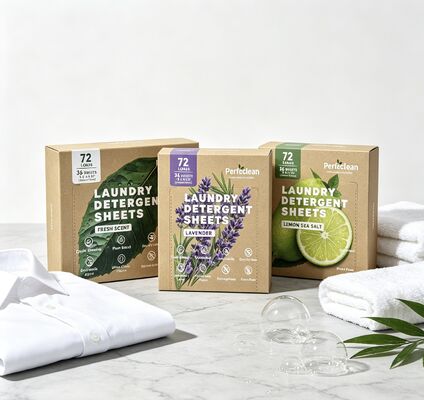 Des feuilles de détergent écologique pour les blanchisseries industrielles avec un tensioactif à base de plantes pour décomposer les vieilles taches et les emballages compostables